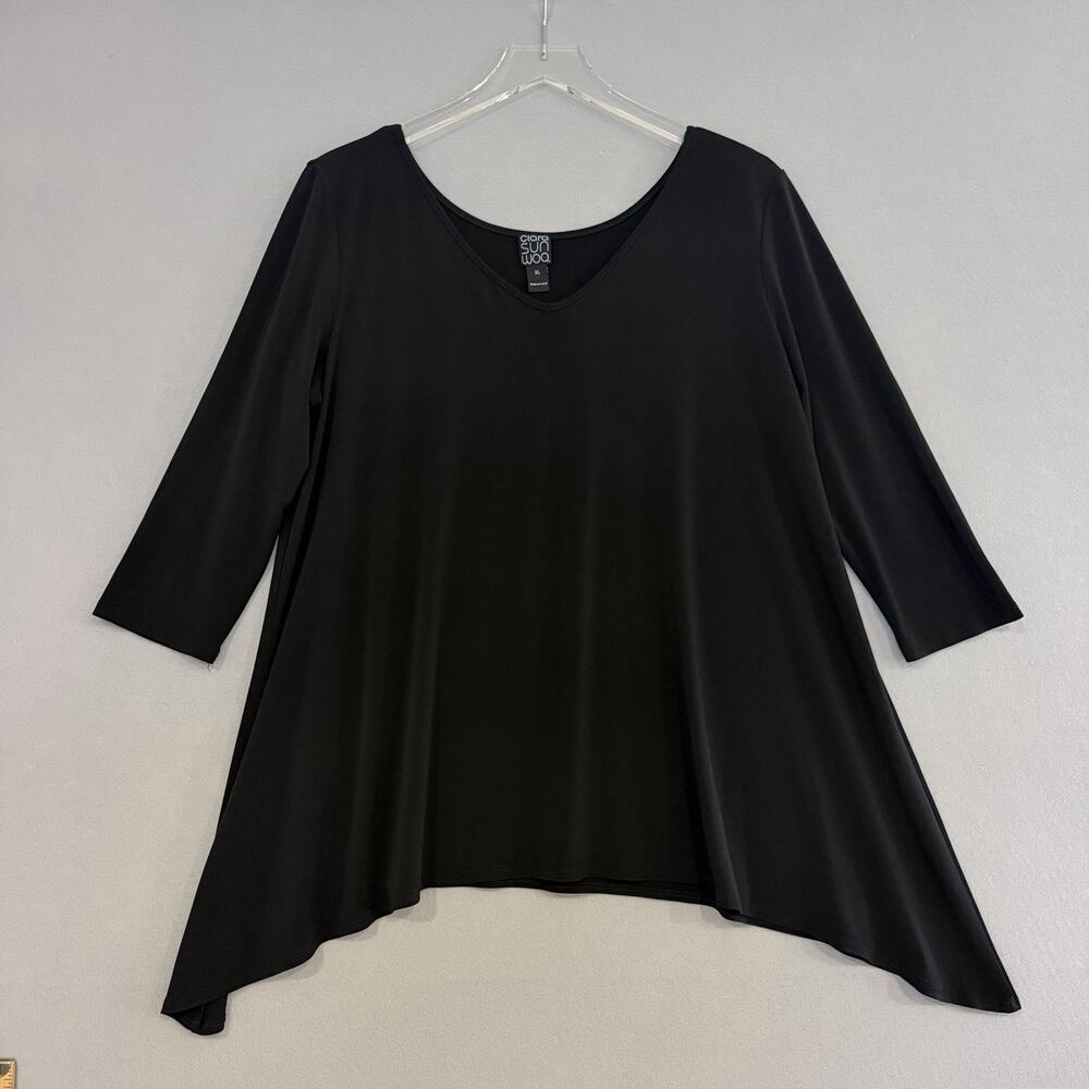 Clara Sun Woo Tunic Top XL Black 3/4Sleeve Jersey Knit Relaxed Lagenlook